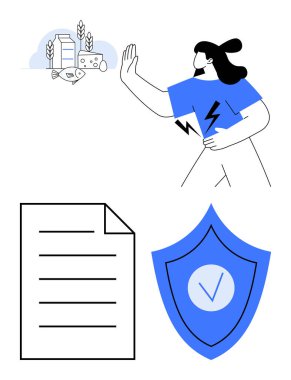 Kadın, süt ürünlerini, balıkları ve glüten sembollerini elle durduruyor, koruma sağlayan kalkan, sağlık, beslenme tercihi, güvenlik, alerji, karar verme mekanizması. Sağlık için ideal