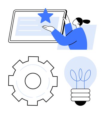 Kadın, bir yıldızın olduğu ekran ile etkileşime giriyor, dişli süreç gelişmesini sembolize ediyor, ve ampul fikirleri ve yeniliği temsil ediyor. Üretkenlik, yaratıcılık, yenilik ve reytingler için ideal