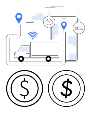 GPS işaretleri, kablosuz sinyal, bulut, küp, sevkiyat simgeleri ve dolar işaretleri taşıyan bir kargo kamyonu yolda. Lojistik, ulaşım, e-ticaret izleme navigasyon bütçesi için ideal