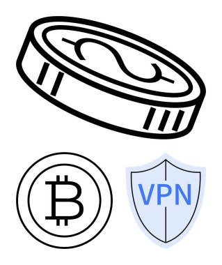 Dolar işareti, bitcoin logosu ve VPN kalkanı olan sikke. Finans, engelleme zinciri, kripto para birimi, güvenlik, anonimlik veri koruması dijital ekonomi için idealdir. Düz basit metafor