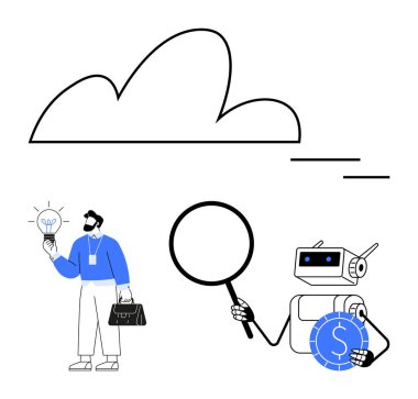 Bulut teknolojisi iş adamının elinde ampul tutması ve robotun para simgesini büyüteçle incelemesi. Yenilik, teknoloji, yapay zeka, veri analizi, fintech, bulut hesaplama için ideal