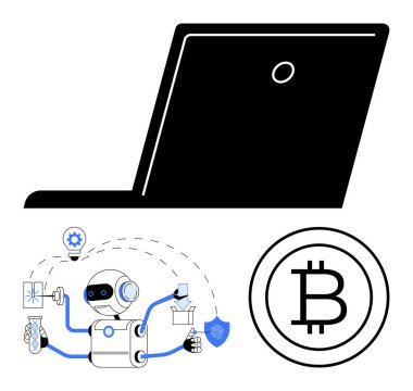 Çoklu silah taşıma görevi olan robot kripto para yönetimi, fikir üretimi ve güvenlik sembollerini onayladı. Fintech, inovasyon, yapay zeka, engelleme zinciri, otomasyon, teknoloji ve dijital için ideal