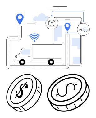 Belirtilen güzergahtaki araç konum işaretleyicileri, kablosuz sembol, paket, şehir, ödeme gösteren paralar. Lojistik, tedarik zinciri, GPS, e-ticaret teslimatı basit iniş sayfası için ideal