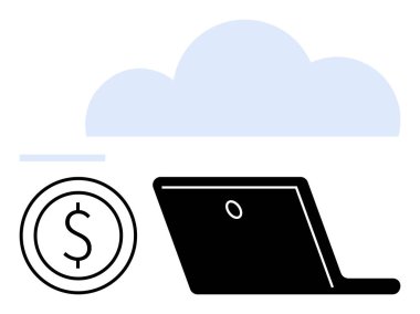 Bir bulut simgesinin altında dizüstü bilgisayar ve para, bulut hesaplamasını ve çevrimiçi finansmanı simgeliyor. Fintech, yenilik, teknoloji, bulut depolama, uzak çalışma, e-ticaret, basit iniş sayfası için ideal