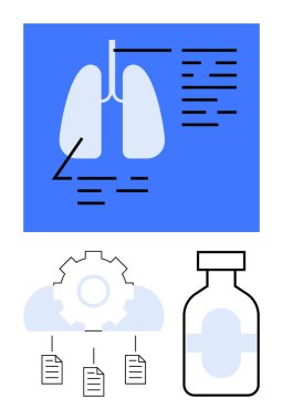 Ciğerlerin diyagramı veri notlarıyla, bulut üzerinde dokümanlara, ilaç şişesine bağlı. Sağlık, araştırma, veri analizi, yenilik ve teknoloji teşhisi için ideal. Düz basit