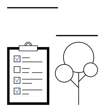 Verimlilik ve doğayı birleştiren basit ağaç grafiğinin yanında kontrol listesi olan pano. Görev yönetimi, organizasyon, sürdürülebilirlik, ilerleme, eko-dostluk, eğitim, basit