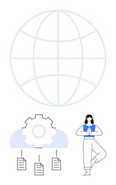 Bulut tabanlı bir teçhizatın üstündeki büyük küre, altında dökümanlar ve yoga pozu veren bir kişi var. Teknolojik yenilik, denge, iletişim, farkındalık, küresel ağ, otomasyon için ideal