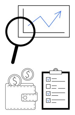 Büyüme grafiğinin üzerindeki büyüteç, işaretli kontrol listesi, bozuk paralı cüzdan. Basit bir iniş sayfasında finans, analitik, bütçe planlaması, tasarruf, yatırım, strateji ve analiz için ideal