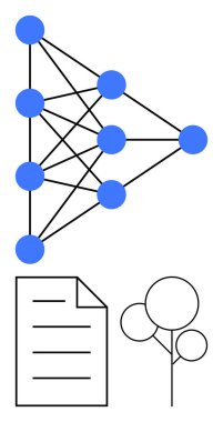 Birbirine bağlı mavi düğümlere sahip sinirsel ağ tasarımı, özetlenmiş basit bir belge ve soyut ağaç şekli. Teknoloji, bilim, makine öğrenimi, doğa hesaplama sinerjisi, veri analizi için ideal