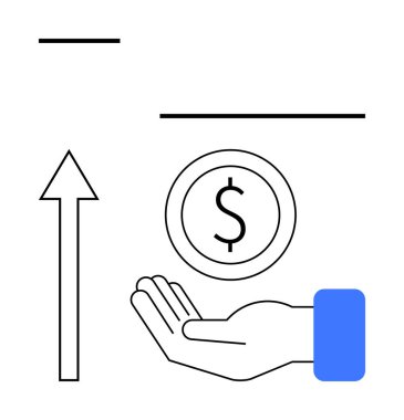 Açık el bir dolar işareti ile bir madeni parayı tutar, yukarı doğru ok ile eşleştirir. Bu da mali büyüme, yatırım ve ilerlemeyi gösterir. Ekonomi, tasarruf, iş, kazanç, kar büyümesi finansmanı için ideal