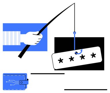 Balık oltası yakalama şifresi, el tutma çubuğu ve dijital cüzdan görüntüsü. Çevrimiçi güvenlik, şifre koruması, phishing farkındalığı, siber tehditler, kimlik hırsızlığı, dijital dolandırıcılık için ideal
