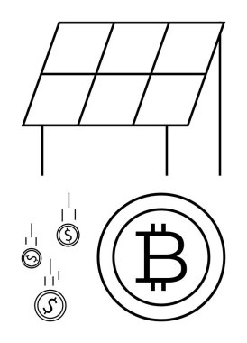 Güneş paneli, Bitcoin logosu ve düşen dolar paraları kripto madenciliğinde sürdürülebilir enerji rollerini, yenilenebilir enerji, yeşil finans, çevre dostu teknoloji, yatırım, temiz enerji, düz basit