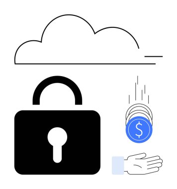 Bulut ögesi, asma kilit güvenliği simgeliyor. Dijital ödemeleri temsil eden madeni paralar ve uzatılmış el. Siber güvenlik, bulut bilgisayarı, dijital finans, veri koruması, fintech online için ideal