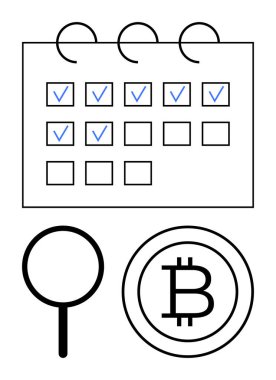 Kontrol edilen günleri, büyüteçleri ve zamanlamayı, kripto para birimini, araştırmayı, yatırımı, zaman yönetimini ve finansal analizi vurgulayan Bitcoin simgesini içeren takvim ızgarası. Fintech planlaması için ideal