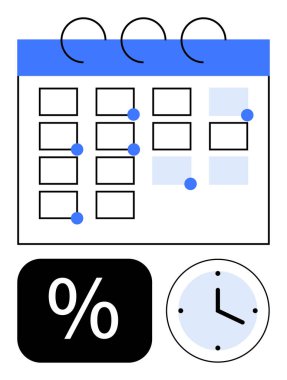 Olay noktalarıyla işaretlenmiş takvim ızgarası, zaman izleme saati, veri için yüzde simgesi. Zaman yönetimi, planlama, planlama, verimlilik, analitik teslim tarihi verimliliği için idealdir. Düz basit