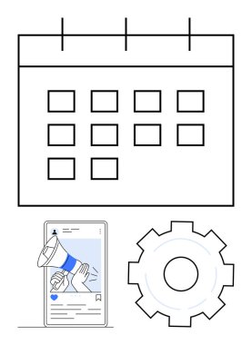 Takvim şebekesi, megafonla sosyal medya bağlantısı olan akıllı telefon ve iş akışı optimizasyonunu temsil eden teçhizat. Pazarlama, programlama, üretkenlik, planlama, organizasyon, takım çalışması için ideal basit
