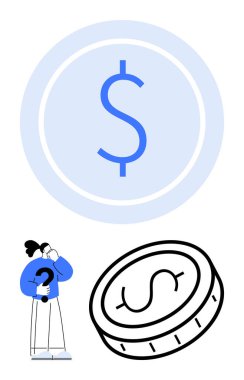 Minimalist tarzda büyük bir dolar işareti, madeni para simgesi ve soru işareti taşıyan kafası karışık bir insan. Finans, karar verme, yatırım, bütçe, tasarruf, iş planlaması için ideal basit