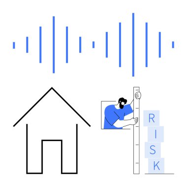 Soundwave grafikleri, basit ev ve riski bir ölçekte ölçen kişi. Güvenlik anlayışı, risk yönetimi, ev sigortası, ses analizi, güvenlik farkındalığı, risk değerlendirmesi için ideal