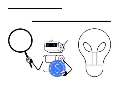 Robot, büyük boy ampulün yanında büyüteç ve bozuk para tutuyor. Yenilik, keşif ve finansal kavramları sembolize ediyor. AI, yenilik, araştırma, teknoloji ve finans analizi için ideal