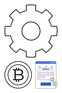 Vites mekanizması, Bitcoin sembolü ve yıllık abonelik takvimi otomasyon, kripto para birimi ve yinelenen ödemeler gibi anahtar konuları vurgular. Finans, teknoloji ve abonelik hizmetleri için ideal