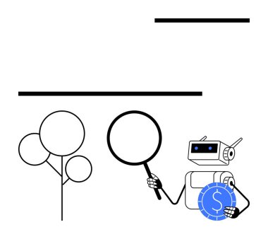 Robot bir ağacı büyüteçle inceliyor, bir dolar işareti ile bir bozuk para tutuyor, teknoloji, finans ve analizi sembolize ediyor. Yapay zeka, otomasyon, yatırım ve sürdürülebilirlik verileri için ideal