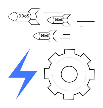 DDoS etiketli füzeler hedefe doğru koşuyor, sistem çarpışması için vites sembolü, ve güç için yıldırım. Siber güvenlik, teknoloji, ağ, hack, saldırı, enerji sade iniş sayfası için ideal