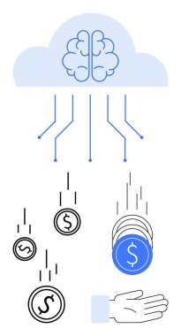 Beyin simgesi olan mavi bulut, yapay zekanın faydalarını gösteren bozuk paralarla bağlantılı. Uzatılmış ellerle toplanan paralar. Yapay zeka, finans, teknoloji, yenilik, veri, bulut hesaplama, basit iniş için ideal