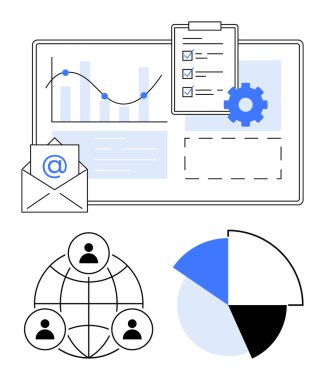 Grafik çizelgesi, kontrol listesi, e-posta, vites, takım simgeli dünya ve pasta grafiği. Analiz için ideal, işbirliği projesi yönetim iletişimi iş akışı üretkenlik stratejisi. Düz basit