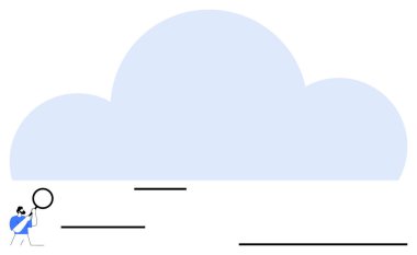 Analizi, veri aramasını ve dijital görüşleri temsil eden bir büyüteçle büyük bir bulut keşfeden kişi. Teknoloji, bulut hesaplama, yenilik, araştırma, veri keşfi için ideal