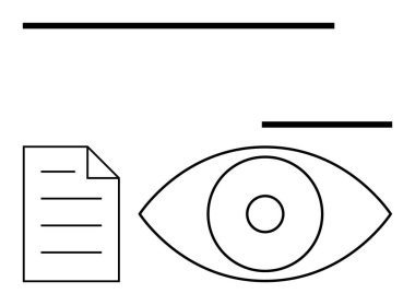 Bir kağıt simgesinin yanına yerleştirilmiş göz sembolü belge incelemesini, vizyonu veya veri denetimini temsil ediyor. Analiz, izleme, görüş netliği, şeffaflık, odaklanma yaratıcılığı için ideal. Düz basit