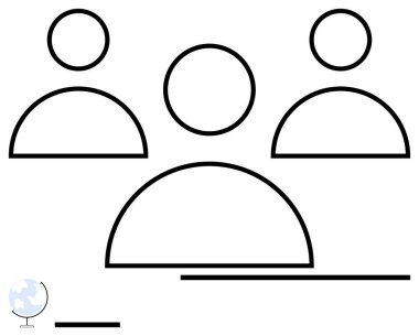 Küresel bağlantı, işbirliği, takım çalışması ve eğitim için küreye sahip üç soyut insan figürü. İletişim, çeşitlilik, ağ, teknoloji, öğrenme toplumu için ideal