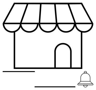Çizgili bir tepe örtüsü, kemerli bir kapı ve uyarı zili içeren basit bir mağaza çizgisi. E-ticaret, perakende, abonelik hizmetleri, tebligatlar, uyarılar, mağaza yönetimi, basit iniş için ideal