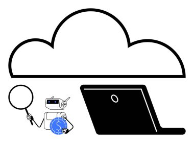 Dizüstü bilgisayarında bulut, büyüteç ve bozuk para sembollü yapay zeka robotu. Veri güvenliği, finans, yapay zeka araştırması, analiz, bulut depolama, uzaktan çalışma, düz metafor için ideal