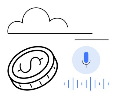 Bulut çizgisi, dolar sembollü bozuk para, ses dalgalı mikrofon simgesi. Finans, bulut servisi, ses komutu, yapay zeka, fintech, teknoloji yeniliği için ideal basit iniş sayfası