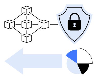 Kilit sembolü olan bir kalkana bağlı engelleme zinciri ağı, okla pasta grafiğini gösteriyor. Siber güvenlik, veri koruması, engelleme zinciri, analitik, teknolojik yenilik, dijital güvenlik, daire