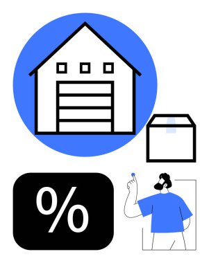 Garaj kapısı, depo kutusu, indirim yüzdesi sembolü ve bir fikir çizen biri. Lojistik, satış planlaması, depolama, e-ticaret, indirimli iş stratejisi organizasyonu için ideal