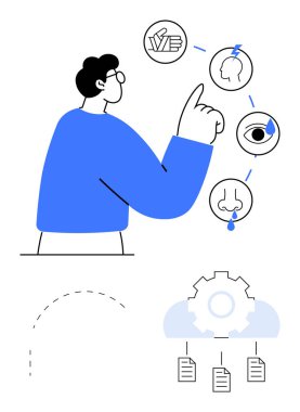 Görsel simgelerle etkileşim halinde olan kişi, bir akış şeması içinde tat, görme, işitme ve düşünce için. Duyusal süreç, karar verme, analiz, veri haritalama, iş akışı tasarım bilişimi için ideal