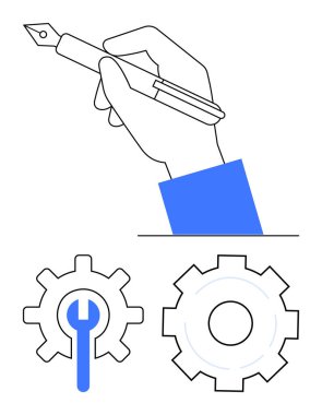 El sıkışan kalem yaratıcılığı sembolize ediyor mavi ve beyaz dişliler işbirliği, süreç ve yeniliği temsil ediyor. Takım çalışması, planlama, yaratıcılık, geliştirme, tasarım, üretkenlik için ideal