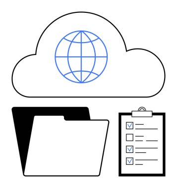 Dünya simgesine sahip bulut, açık klasör ve pano kontrol listesi bulut depolama, küresel erişim ve görev organizasyonunu sembolize ediyor. Veri yönetimi, üretkenlik, takım çalışması, planlama sistemleri teknolojisi için ideal