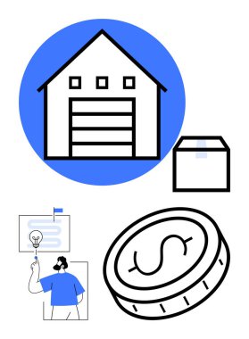Garaj kapısı, kutu, para ve strateji uzmanı bir fikir sunan bir depo. Lojistik, tedarik zinciri, nakliye, yatırım, planlama iş modelleri için ideal basit iniş sayfası