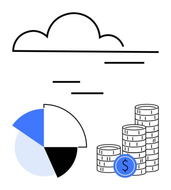 Bir pasta grafiğinin üzerinde asılı duran ve dijital veri depolama, finansal büyüme, analitik veya teknoloji kavramlarını temsil eden bozuk paralar istiflenmiş. Finans, iş, bulut hesaplama ve dijital için ideal