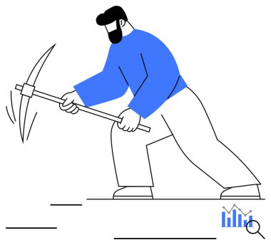 Analitik ve grafik simgeleriyle eşleştirilmiş bir kazma sallayan işçi. Temalar için idealler sıkı çalışma, veri madenciliği, inatçılık, büyüme, strateji, üretkenlik, başarı. Düz basit metafor