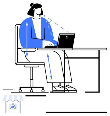 Masasında oturan bir kadın dizüstü bilgisayarda yazı yazıyor. Yön gösteren oklarla çevrili. Aşağıda küçük bir mağaza var. Çalışma akışı, e-öğrenim, e-ticaret, çevrimiçi mağaza, üretkenlik, dijital pazarlama için ideal