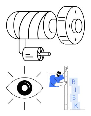 Endüstriyel makine parçası, uyanık göz, riski ölçen kişi. Teknoloji, endüstri, güvenlik, mühendislik, yenilik, strateji ve basit iniş sayfası için ideal