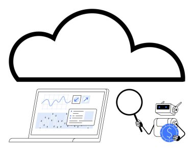 Bilgisayarın üstünde analitik gösteren büyük bulut, büyüteç ve para birimi tutan bot. Teknoloji, yapay zeka, bulut depolama, veri bilimi, araştırma ve yenilik otomasyonu için ideal. Düz basit