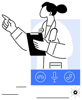 Sağlık çalışanı elinde bir not panosu tutuyor. Güvenle işaret ediyor. Çağrı, mikrofon ve mesaj simgelerini içerir. Teletıp, sağlık hizmeti tavsiyesi, iletişim, uzaktan yardım teknolojisi için ideal