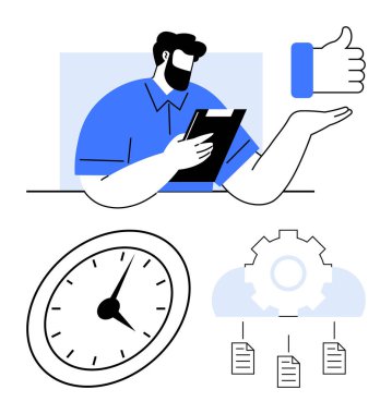 Elinde dosya tutan bir adam, iyi niyet göstergesi, saat, teçhizat ve dosyalar. Üretkenlik, zaman yönetimi, performans değerlendirmesi, hedef belirleme, organizasyon iş akışı optimizasyonu için ideal