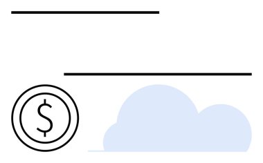 Paralel çizgilerin altında dolar işareti ve mavi bulutlu para. Finans, teknoloji, bulut hesaplama, ödeme çözümleri, dijital ekonomi, fintech, basit iniş sayfası için ideal