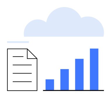Veri büyümesini ya da analitik ilerlemeyi gösteren belge ve çubuk grafiğinin üstündeki bulut. Bulut hesaplama, veri depolama, iş analizi, teknoloji, finans, istatistik ve pazarlama için ideal. Düz basit