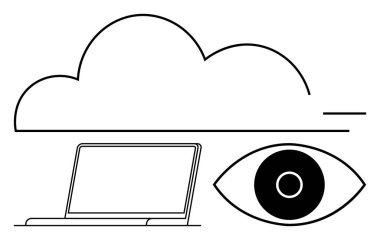 Büyük bir bulut altında dizüstü bilgisayar ve soyut bir göz, bulut veri depolama, güvenlik ve izlemeyi temsil ediyor. Bulut bilgisayarı, izleme, siber güvenlik, teknoloji ve veri erişimi için ideal